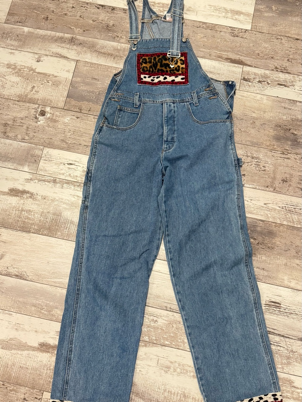 Denim Overalls with Leopard Embellishments